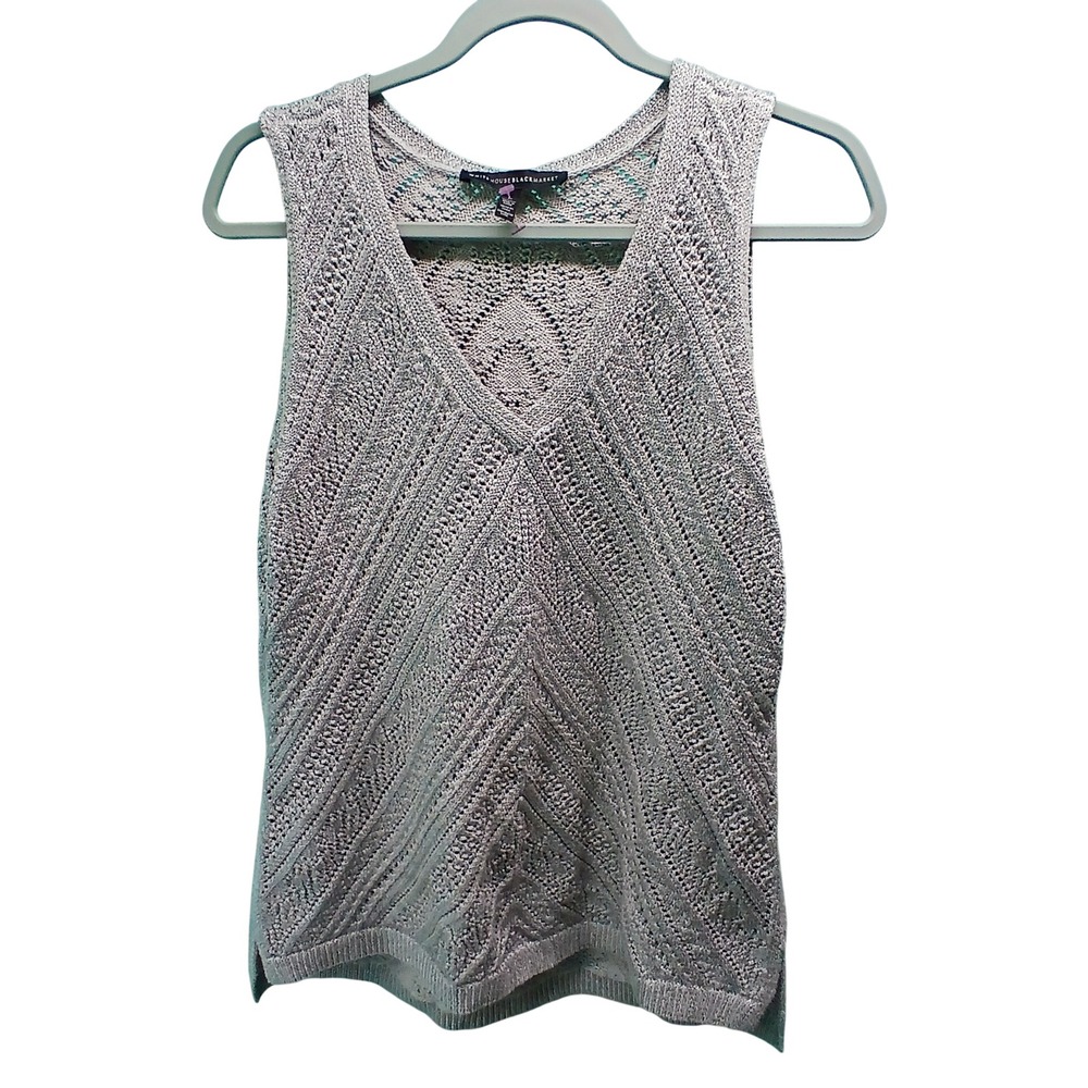 White House Black Market Sweater Tank L Silver Metallic Chevron Pointelle Chic